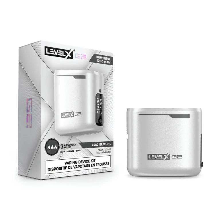 Glacier White LEVEL X G2 vaping device and packaging on a white background