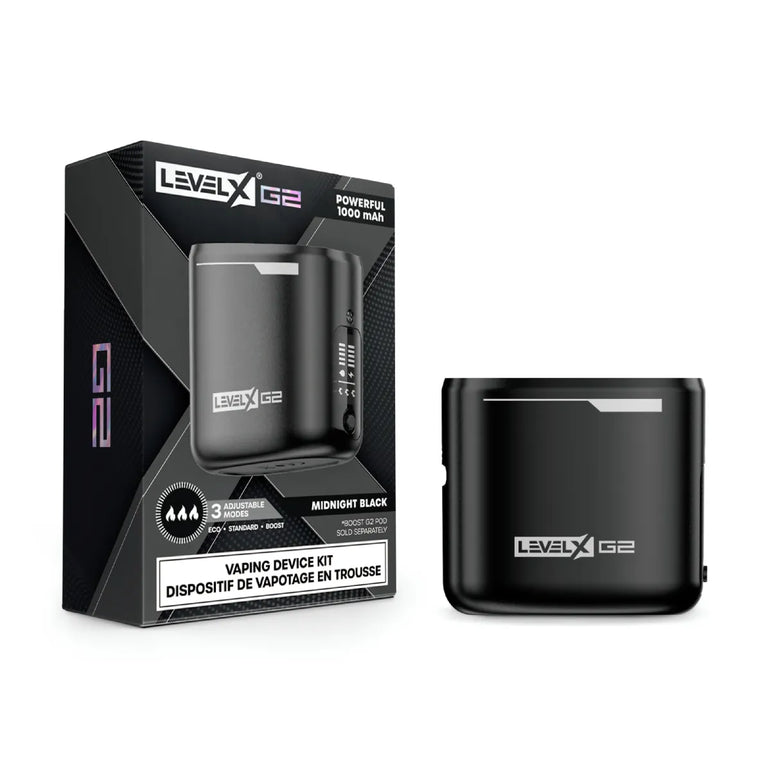 Midnight Black Level X G2 battery device with packaging on a white background