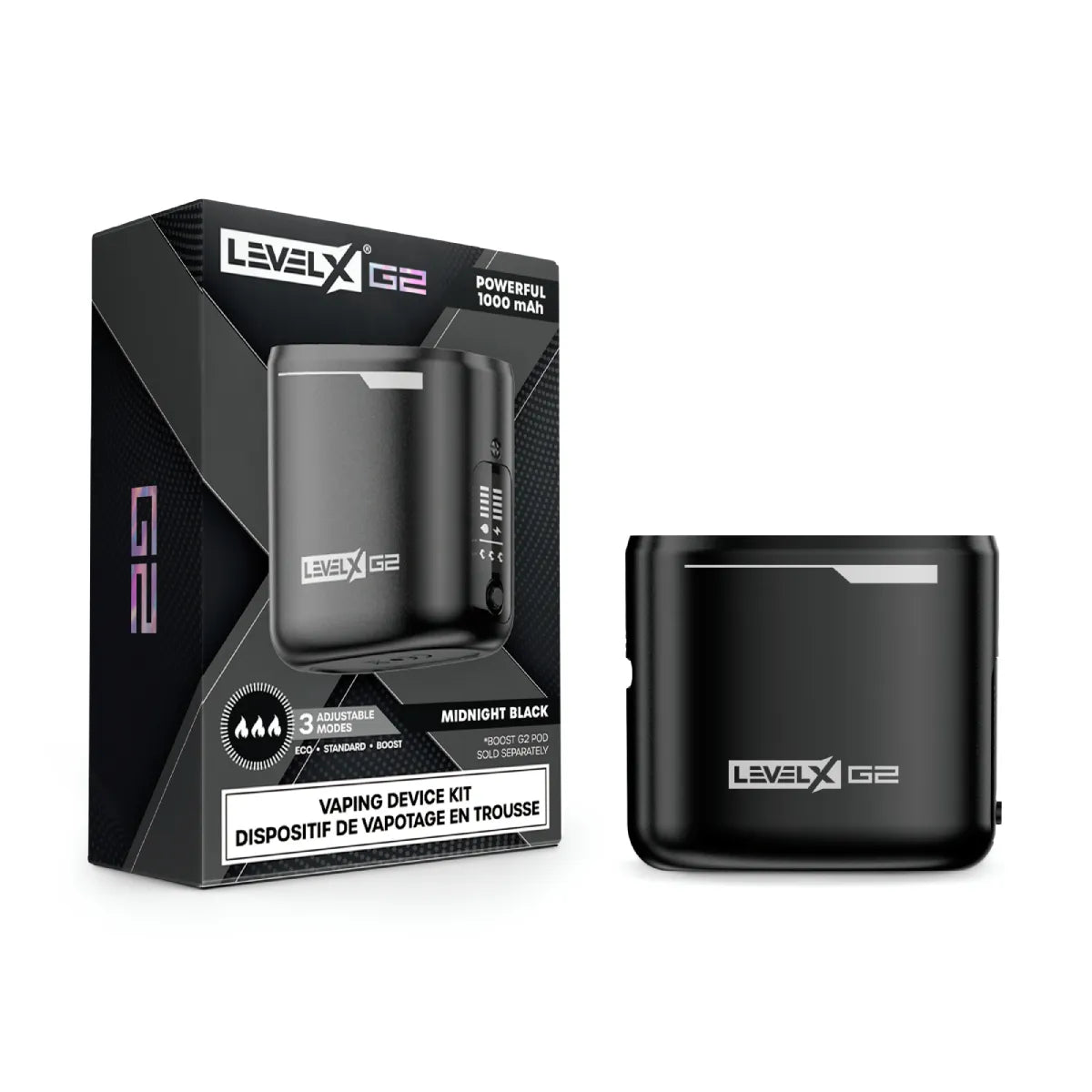 Midnight Black Level X G2 battery device with packaging on a white background