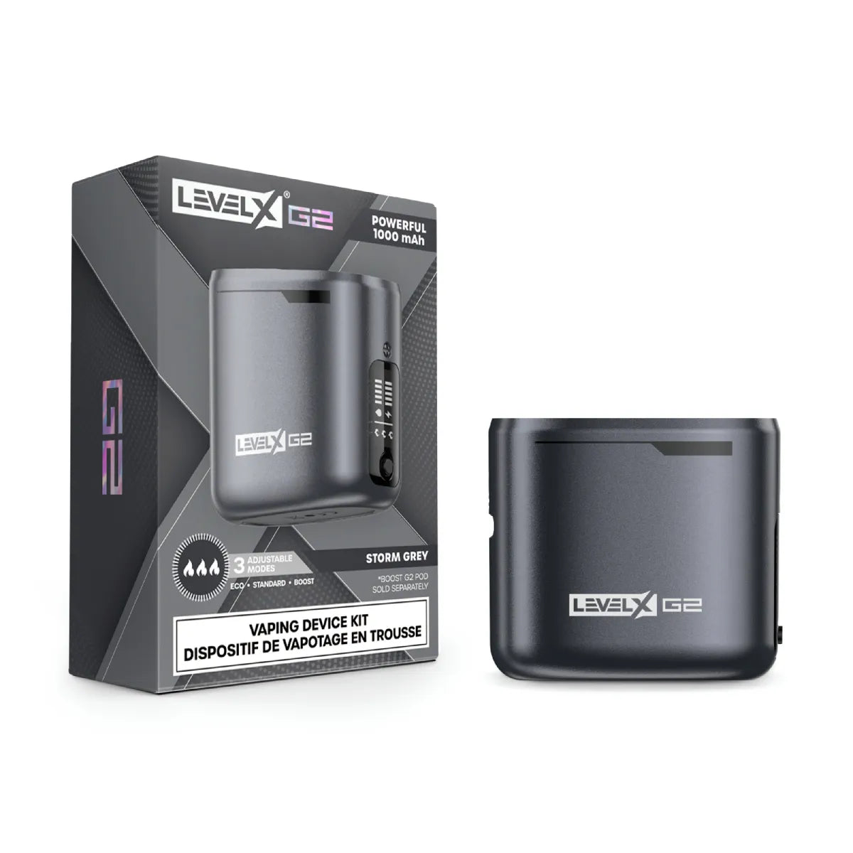 Storm Grey Level X G2 battery device kit with packaging on a white background