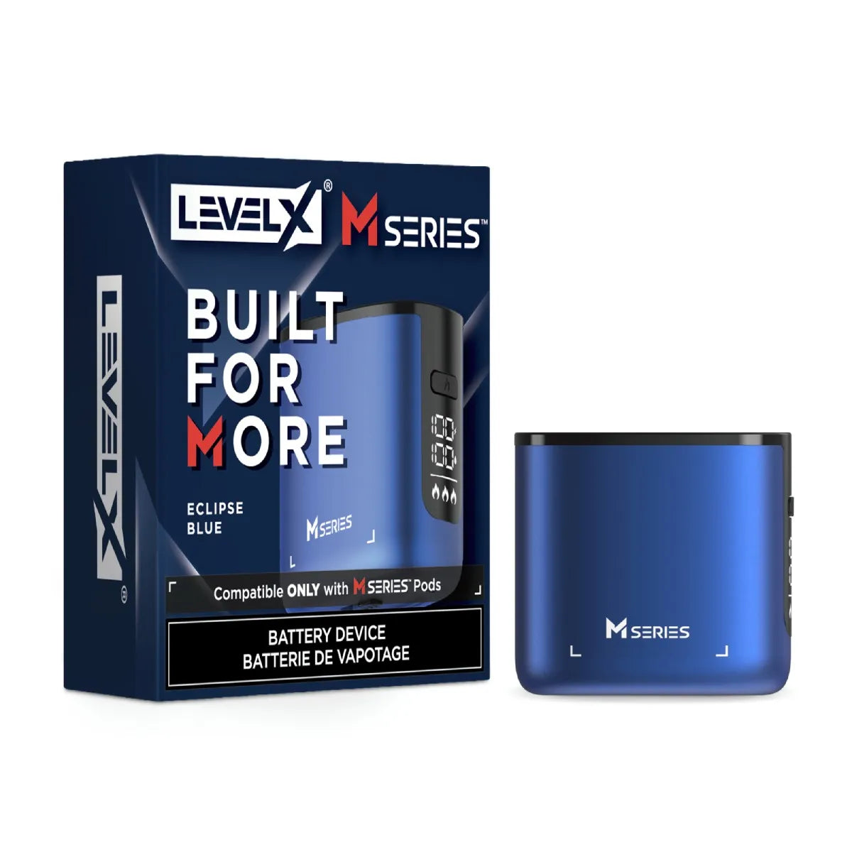 Level X M Series Battery Device in Eclipse Blue shown next to its retail packaging box on a white background.