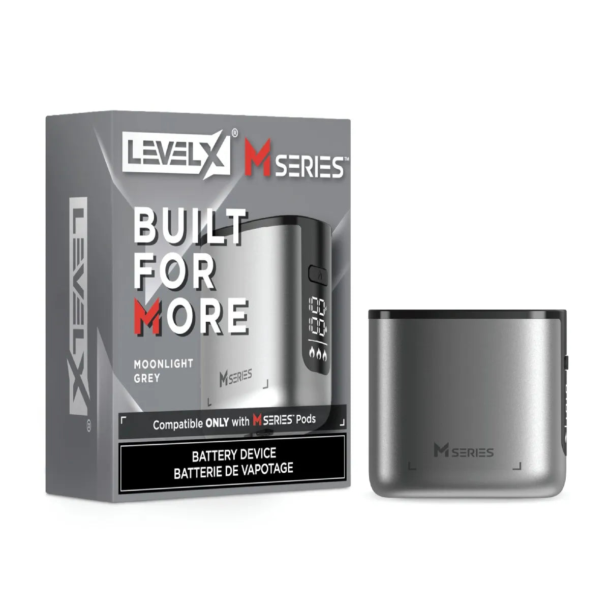 Level X M Series battery device in Moonlight Grey shown next to its retail packaging box on a white background.