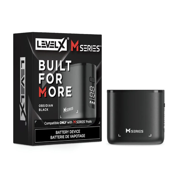 LevelX M Series Obsidian Black battery device next to its retail packaging box on a plain white background.