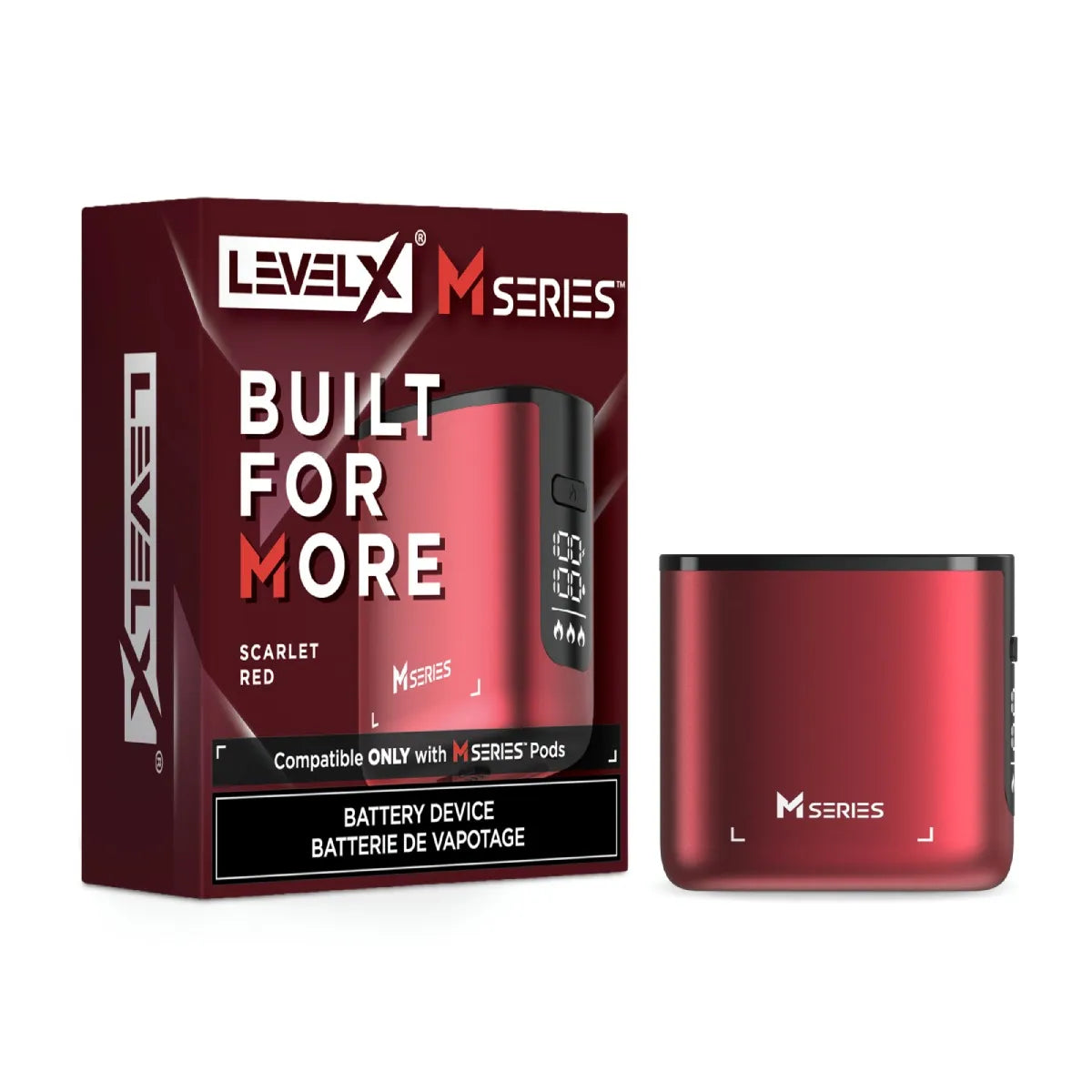 Level X M Series battery device in Scarlet Red shown next to its retail packaging box on a white background.