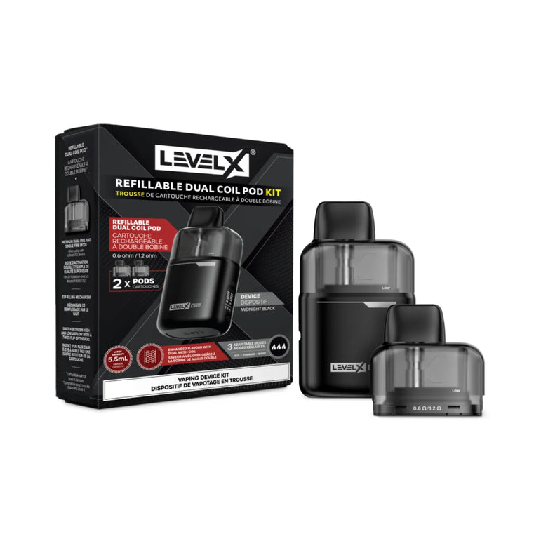 Level X refillable dual coil pod kit with packaging on a white background