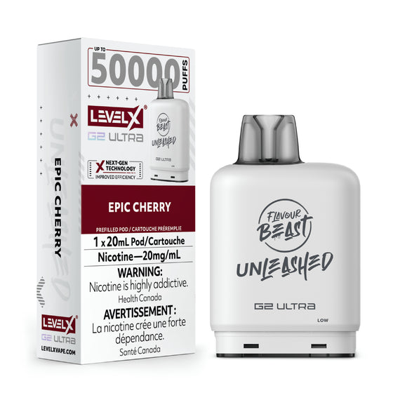 Vape device and packaging with Level X and Flavour Beast branding on a white background