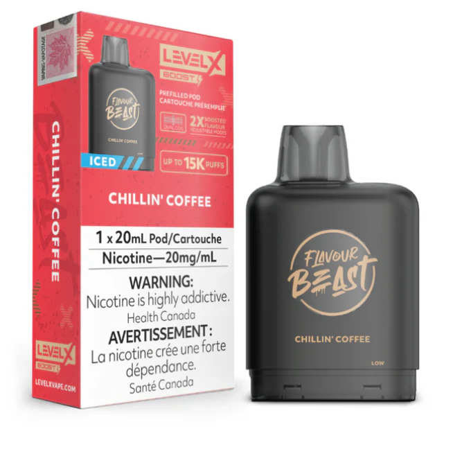 Flavour Beast Chillin' Coffee vape pod with packaging on a white background