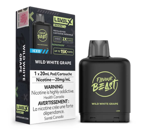 Flavour Beast vape device and Level X packaging for wild white grape flavor on a white background