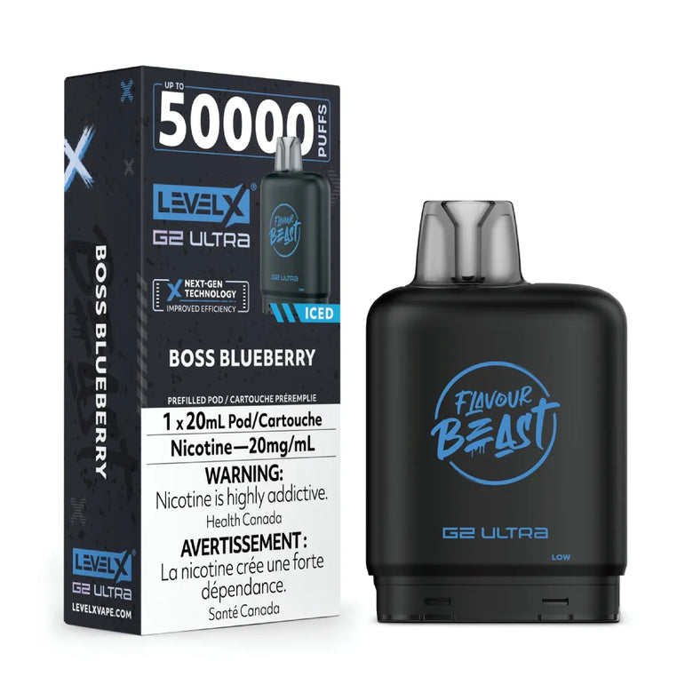 Vape device and packaging with 'Boss Blueberry' flavor on a white background
