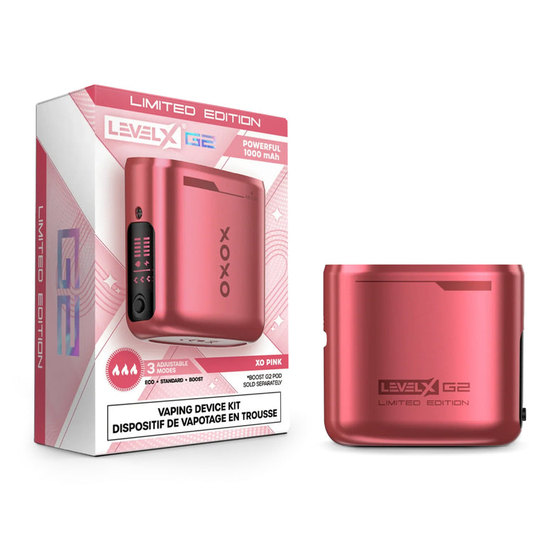 A LevelX G2 vape device kit in XO pink, shown next to its retail packaging box on a clean white background.