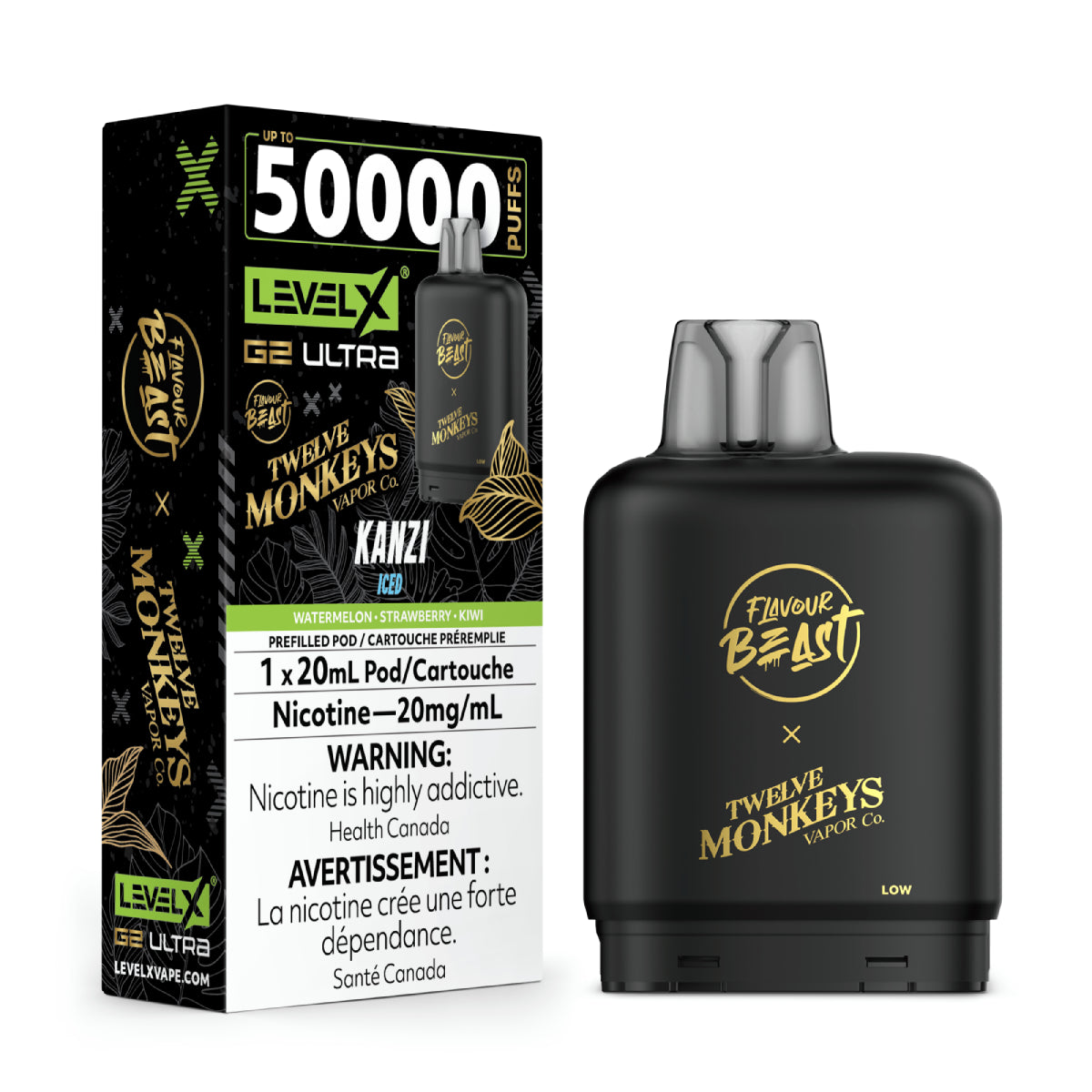 Vape device and packaging with 'Flavour Beast' and 'Twelve Monkeys Vapor Co.' branding on a white background.