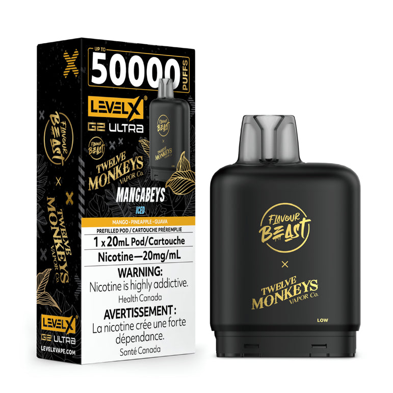 Vape device and packaging with 'Flavour Beast' and 'Twelve Monkeys' branding on a white background