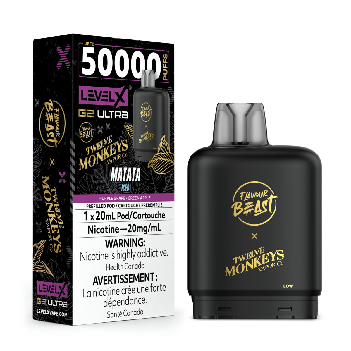 Vape device and packaging with 'Flavour Beast' and 'Twelve Monkeys Vapor Co.' branding on a white background.