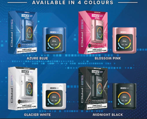 Product packaging in various colors including Azure Blue, Blossom Pink, Glacier White, and Midnight Black on a blue background.