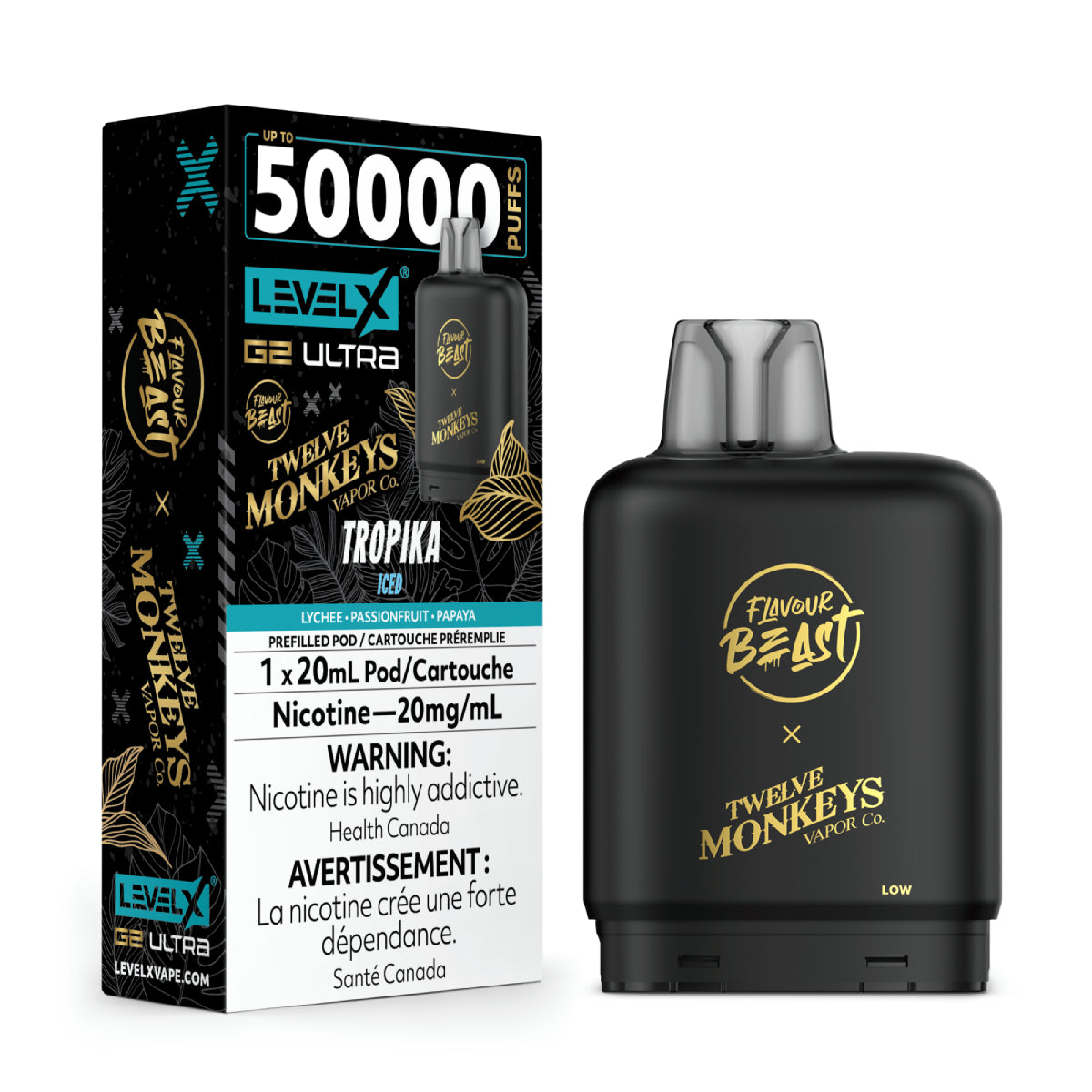 Vape device and packaging with 'Flavour Beast' and 'Twelve Monkeys' branding on a white background