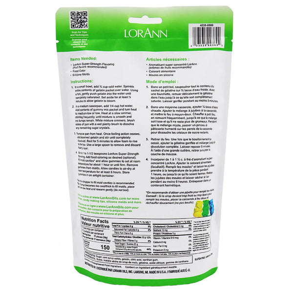 Back of a LorAnn product packaging with text and QR code on a white background