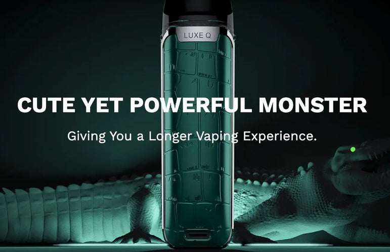 Vaporesso Luxe Q Pod vape kit promotional banner with a dark black background and a slogan saying "CUTE YET POWERFUL MONSTER".