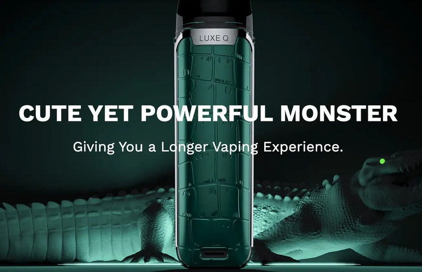 Vaporesso Luxe Q Pod vape kit promotional banner with a dark black background and a slogan saying "CUTE YET POWERFUL MONSTER".