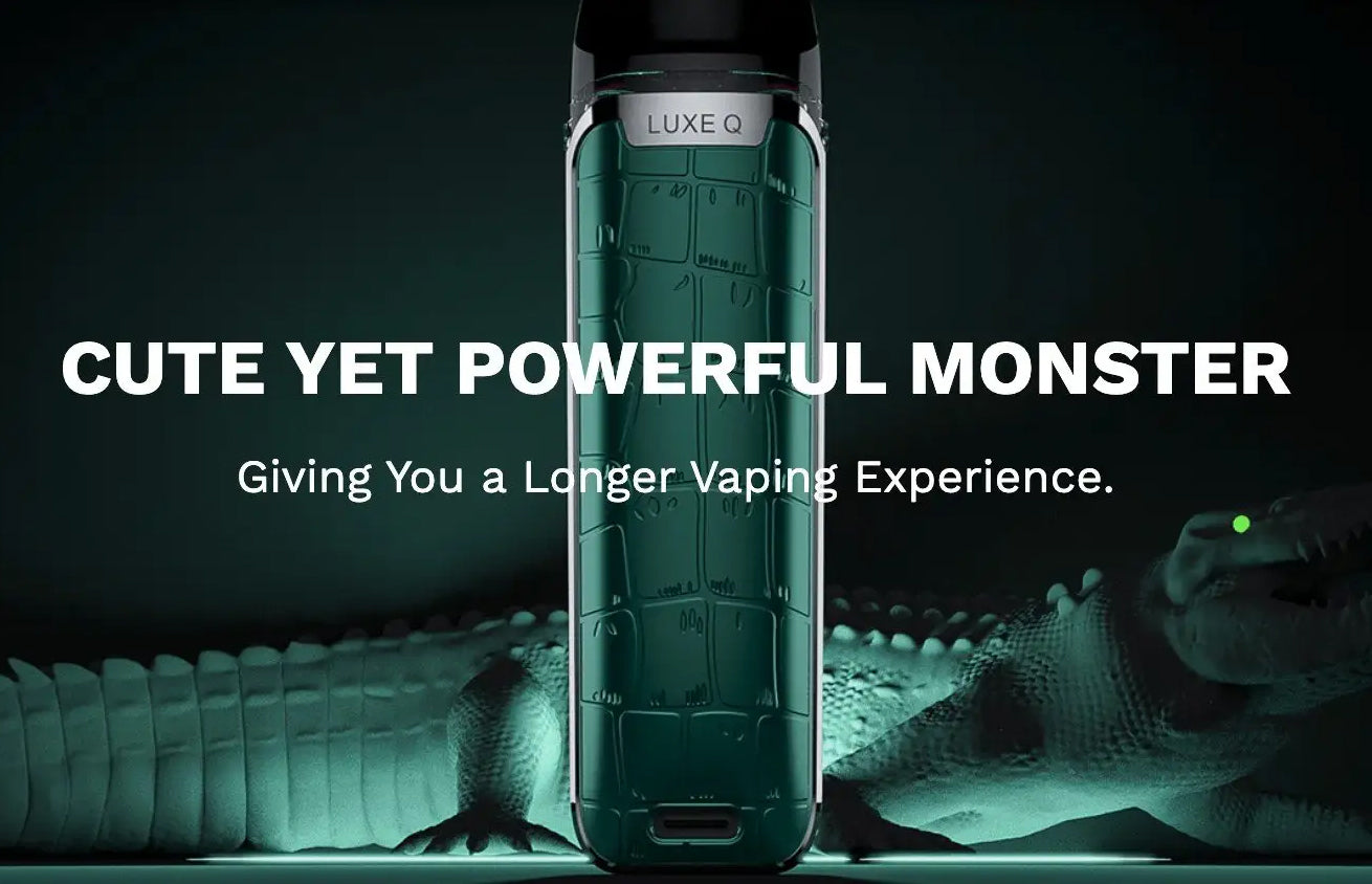 Vaporesso Luxe Q Pod vape kit promotional banner with a dark black background and a slogan saying 