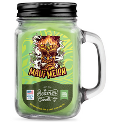 Clear glass candle jar with black lid and Maui Melon label featuring a tiki design.
