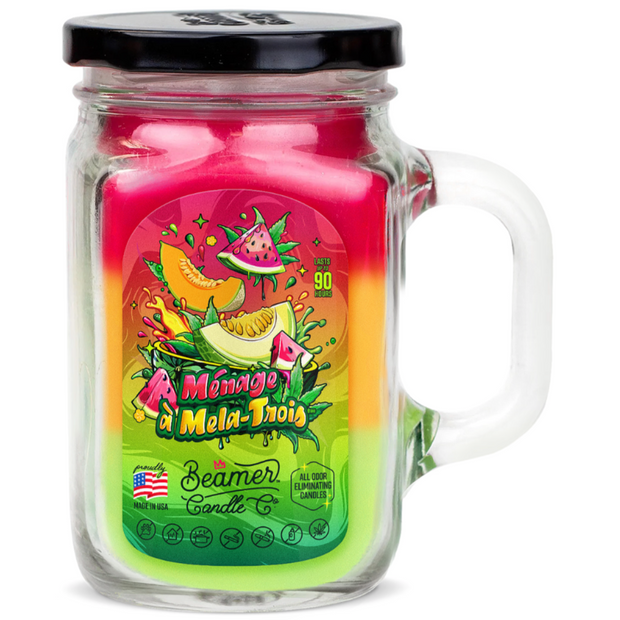 Jar candle with colorful label featuring watermelon design on a white background
