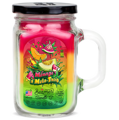 Jar candle with colorful label featuring watermelon design on a white background