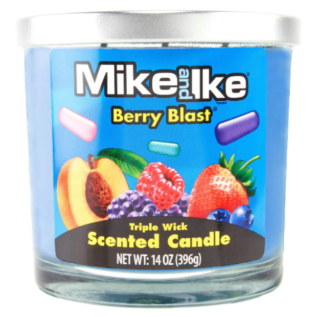 Mike and Ike Berry Blast scented candle with colorful label and fruit imagery 14 oz.