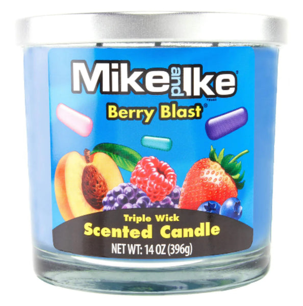 Mike and Ike Berry Blast scented candle with colorful label and fruit imagery 14 oz.