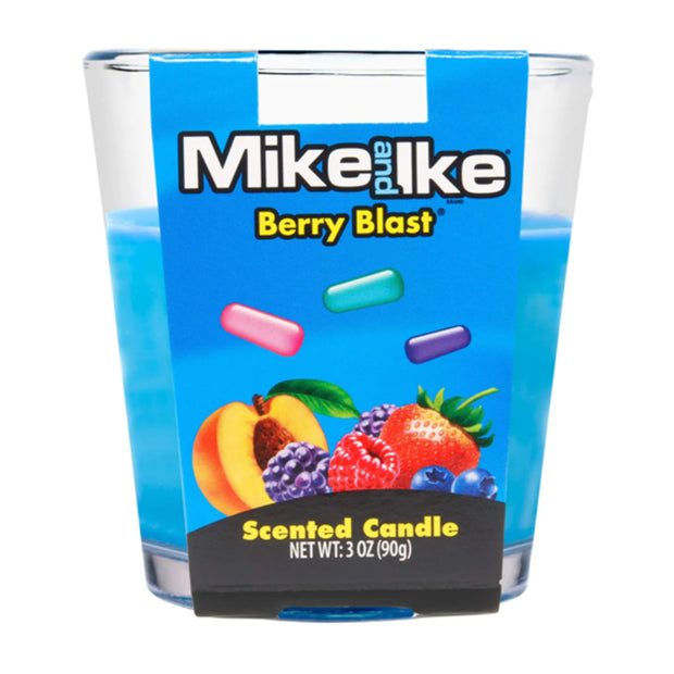 Scented candle in a glass container with blue packaging featuring Mike and Ike branding and berry blast flavor.