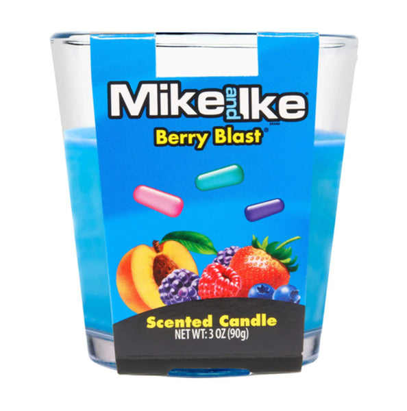Scented candle in a glass container with blue packaging featuring Mike and Ike branding and berry blast flavor.