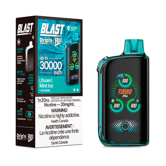 Fasta Blast vaping device with digital display and packaging labeled 'Blast' on a white background