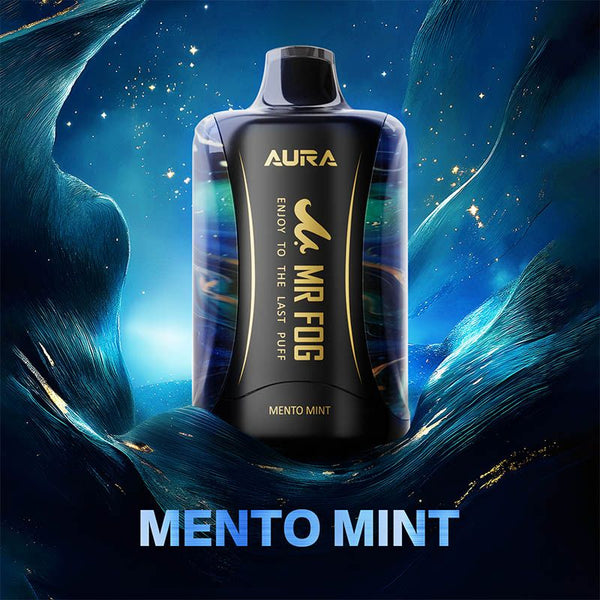 MR FOG AURA vape device with 'Mento Mint' flavor on a blue abstract background