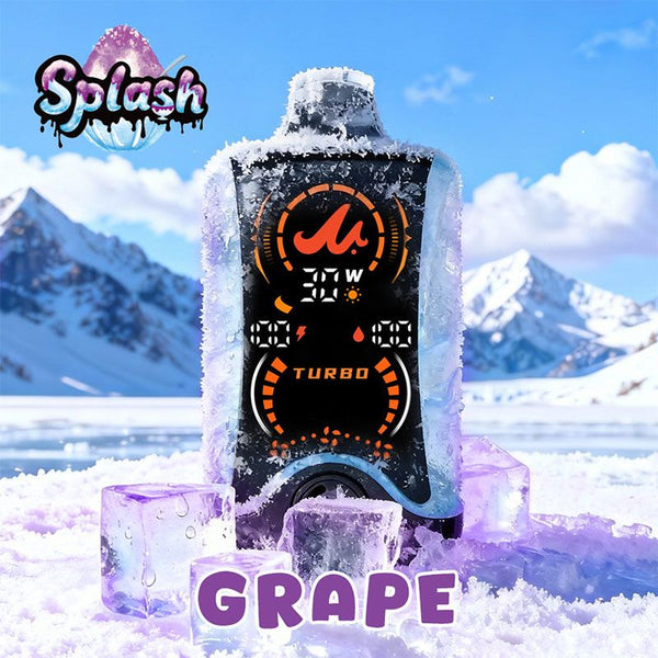 Frozen electronic device with 'Splash' branding and mountain background