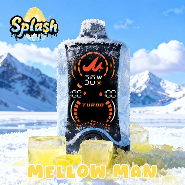 Frozen bottle with 'Mellow Man' branding against a snowy mountain background