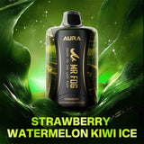Mr Fog Aura vape device with strawberry watermelon kiwi ice flavor on a green leaf background