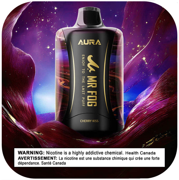 Aura Mr Fog vape device with cherry kiss flavor on a colorful background