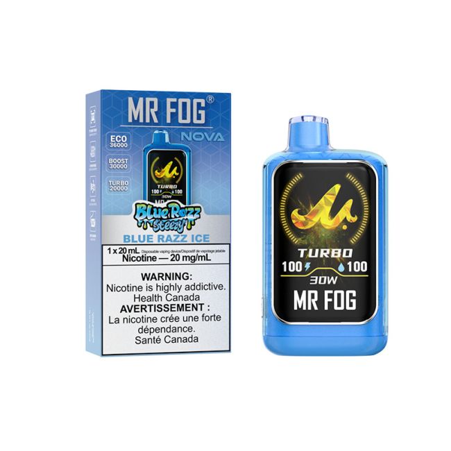 MR FOG NOVA disposable vape in Blue Razz Ice flavor and packaging on a white background.