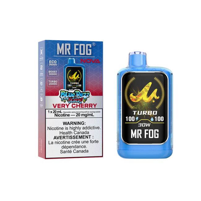 MR FOG NOVA disposable vape in Strawberry flavor and packaging on a white background.