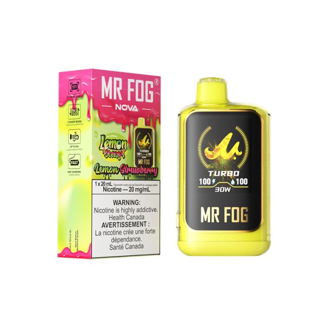MR FOG NOVA disposable vape in Lemon Strawberry flavor and packaging on a white background.
