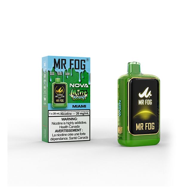 MR FOG NOVA disposable vape in Mint Miami flavor and packaging on a white background.