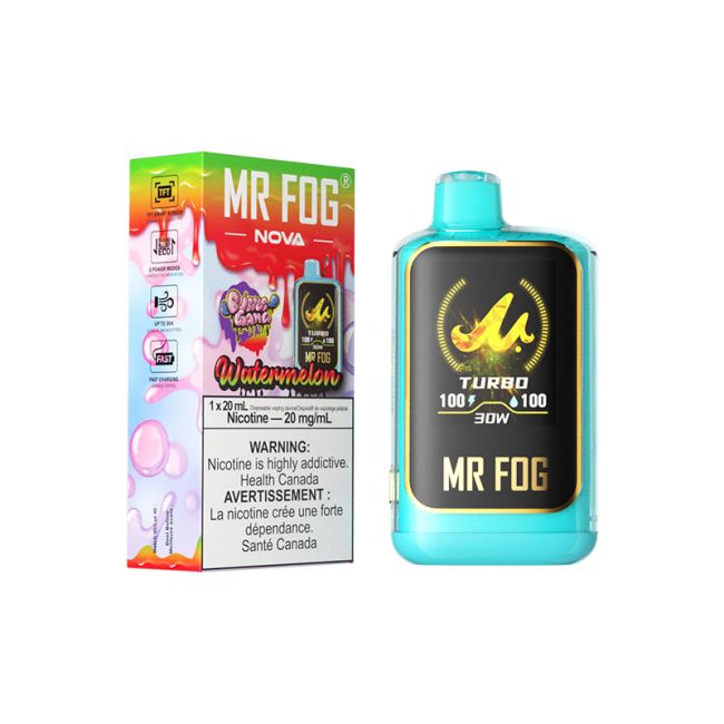 MR FOG NOVA disposable vape in Watermelon flavor and packaging on a white background.