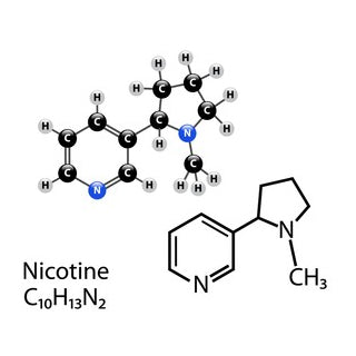 Chemical structure of nicotine with molecular formula and names.