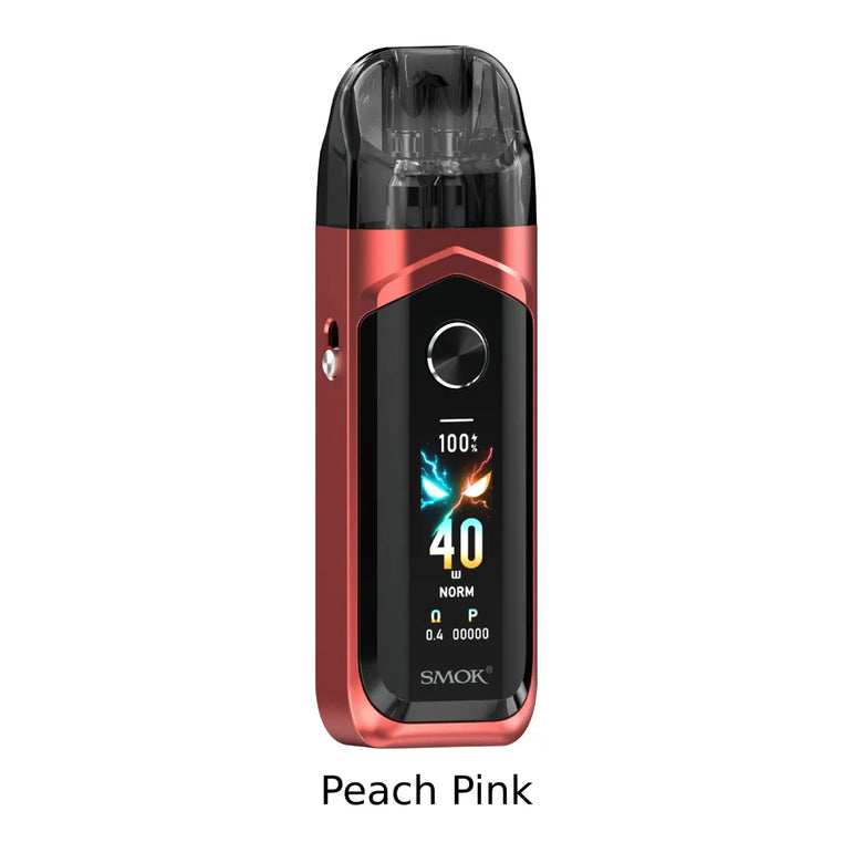 Peach pink Nord 6 vape device with digital display on a white background