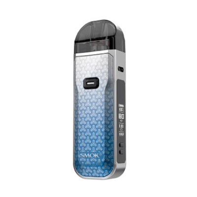Vape device with blue pattern on a white background