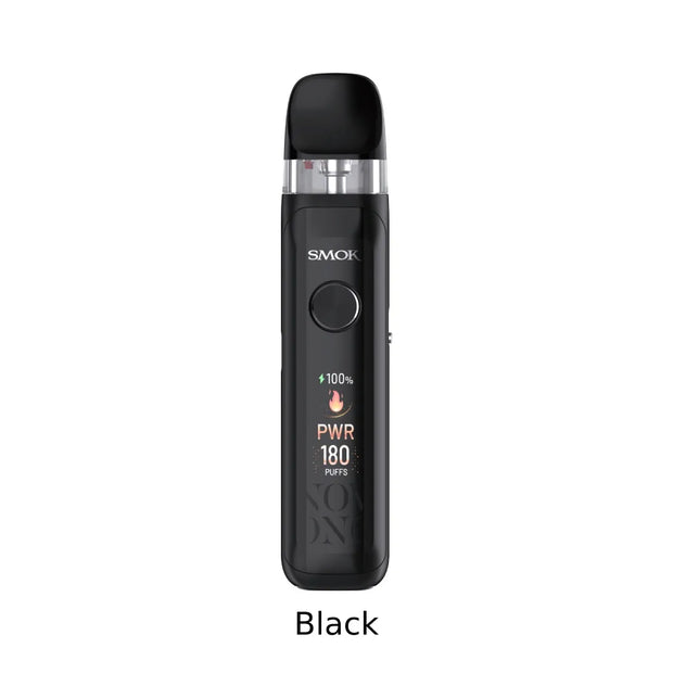 A black SMOK Axis Open Pod Kit  device with a digital display showing 100% battery and 180 puffs, set against a plain white background with the word 'Black' below it.