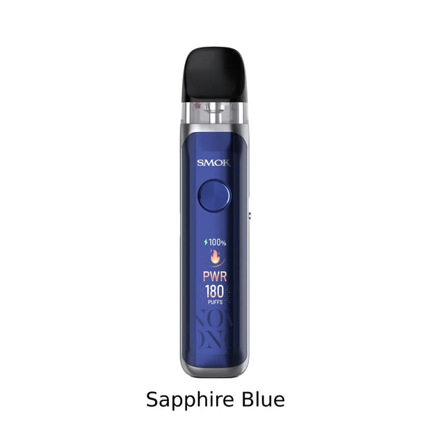 A SMOK Axis vape device in Sapphire Blue, featuring a metallic blue body, a black mouthpiece, and a clear display showing battery and puff levels, set against a plain white background with 'Sapphire Blue' text below.