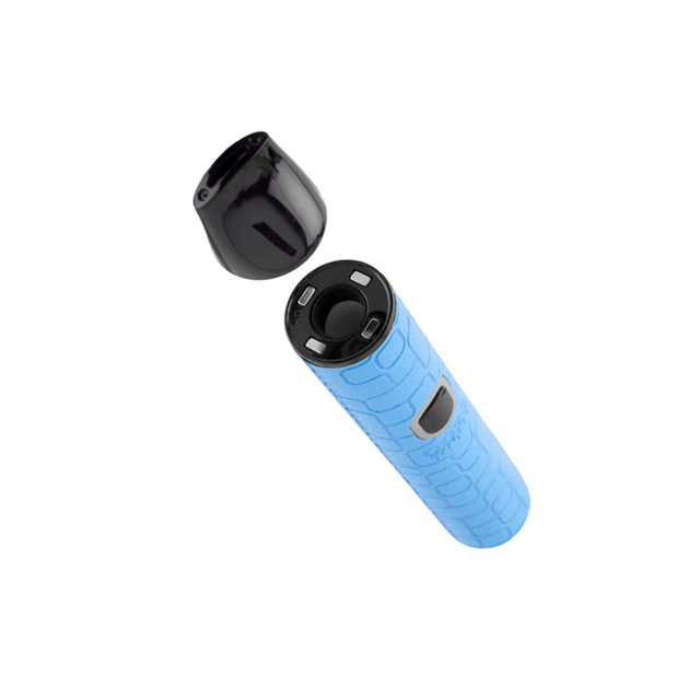 Blue and black textured cylindrical Ooze Pink Dry Herb device on a white background