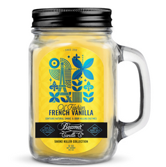 Jar candle with a yellow label featuring the Eiffel Tower and text, on a white background.