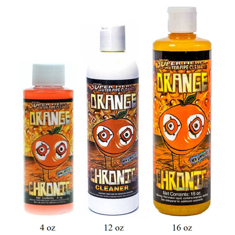 Three bottles of Super Hero Chronic Cleaner with different sizes on a white background.