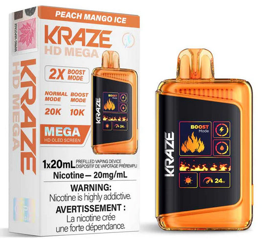Kraze HD Mega disposable vape Peach Mango Ice flavor on a white background.